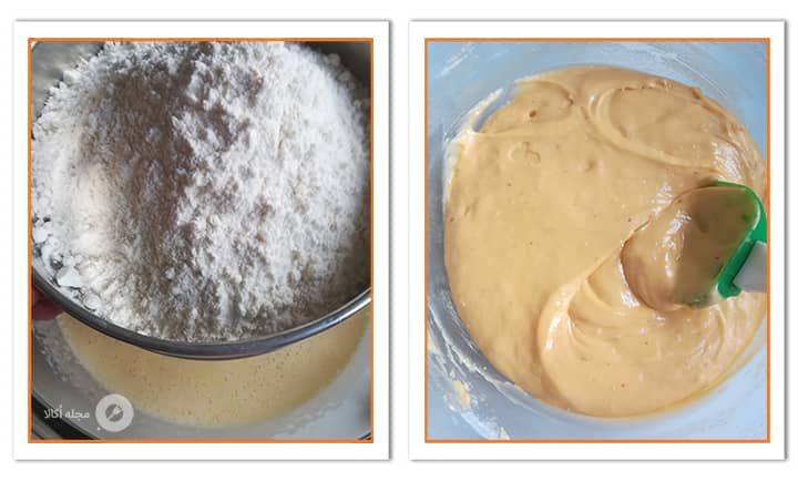 آرد را به مواد کیک زعفرانی اضافه کنید