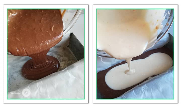 ریختن مواد در قالب برای کیک پرتقالی شکلاتی با لایه چیزکیک