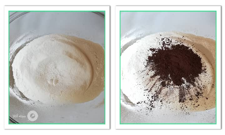پودر کاکائو و آرد سفید را با هم مخلوط کنید برای کیک پرتقال با لایه چیزکیک