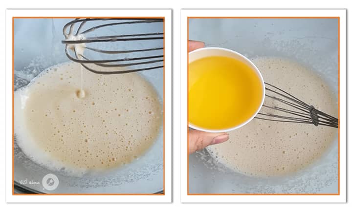 روغن مایع را به مواد کیک شکلاتی فلن کیک اضافه کنید