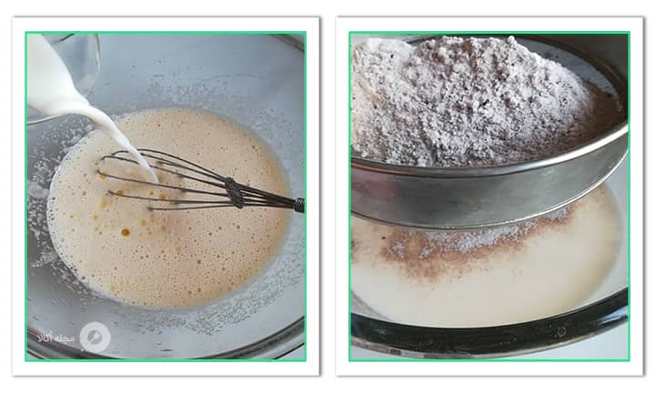 شیر و آرد مخلوط پودر کاکائو را به مواد کیک فلن اضافه کنید