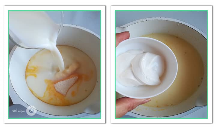 شیر و خامه را به مواد کرم کارامل برای فلن کیک اضافه کنید