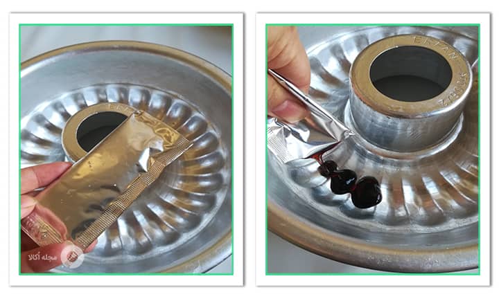 ریختن سس کارامل در روی قالب فلن کیک سوئدی