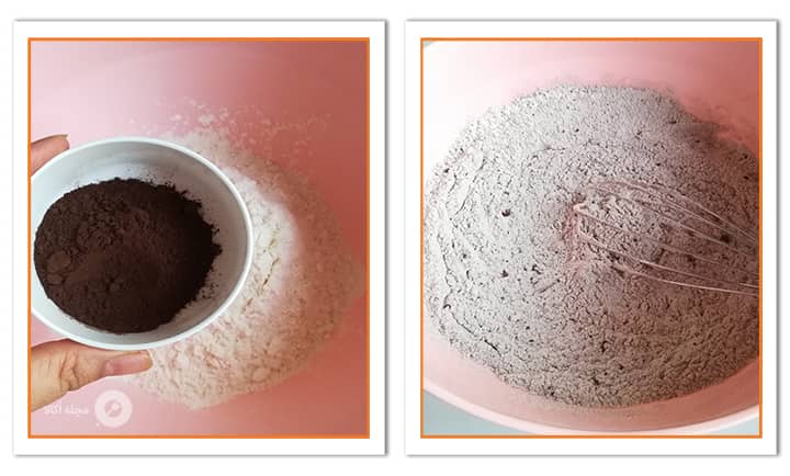 آرد و پودر کاکائو را با هم ویسک کنید در فلن کیک