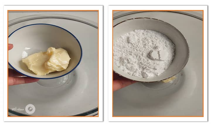 اضافه کردن پودر شکر به کره هم دمای محیط در شیرینی بیسکوئیت کرم دار پسته ای