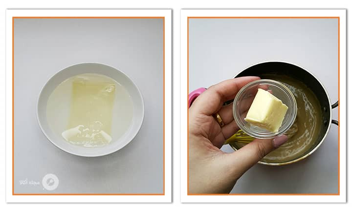 کره را به مواد ژلاتین اضافه کنید در کیک شکلاتی با کرم پاتیسیر نسکافه ای کره را به مواد ژلاتین اضافه کنید در کیک شکلاتی با کرم پاتیسیر نسکافه ای