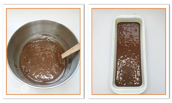 مواد کیک شکلاتی با کرم پاتیسیر نسکافه ای را در قالب بریزید