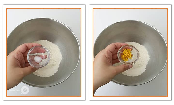 نمک و زست لیمو را به مواد مینی تارت بدون کره اضافه میکنیم