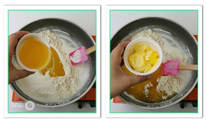 کره و روغن مایع را به آرد اضافه کنید کره و روغن مایع را به آرد اضافه کنید