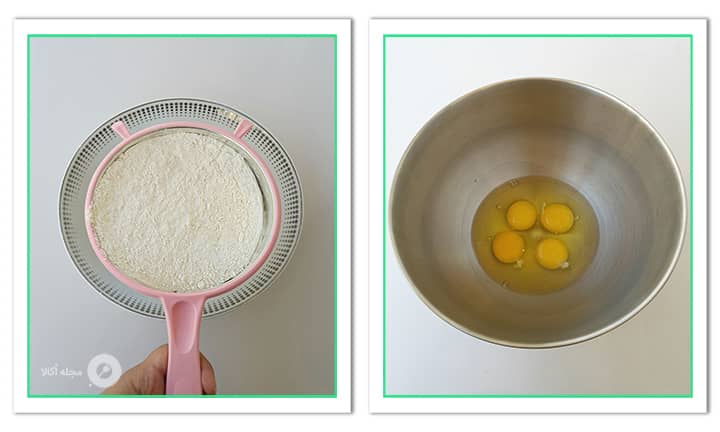 آرد را الک کنید و تخم مرغ را در ظرفی بریزید در کیک حلوا