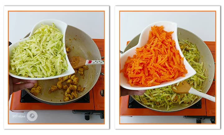 هویج و کدوی رنده را به مواد کیش مرغ و سبزیجات اضافه کنید