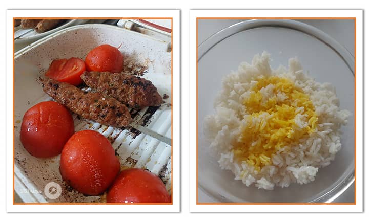 برنج کوفته کبابی را آماده کنید و گوجه ها را در ماهی تابه بگذارید