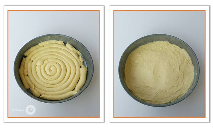 ریختن مایه کیک مکرون در قالب