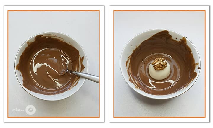 روش تزیین شیرینی سابله کروی مغزدار با شکلات بن ماری شده