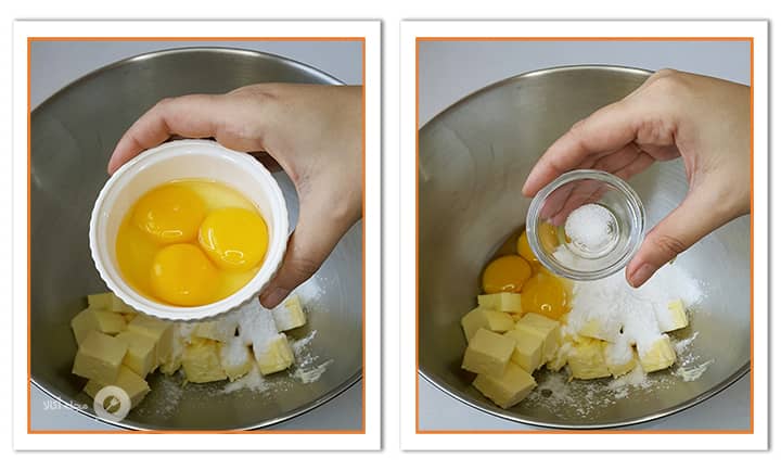 تخم مرغ و نمک را اضافه کنید در شیرینی سابله قهوه و بادام زمینی