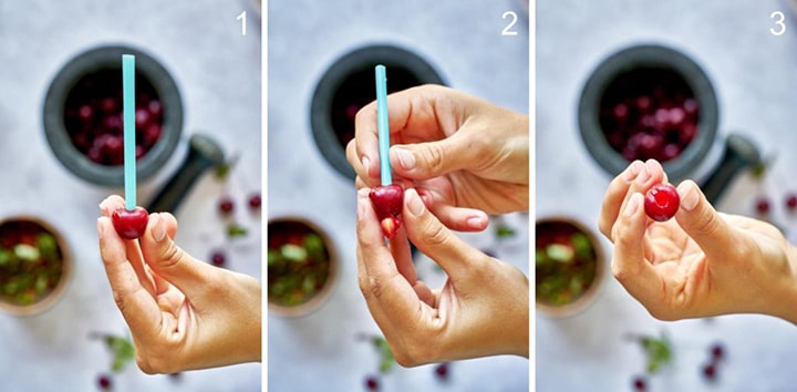 جدا کردن هسته آلبالو با نی شیشه‌ای