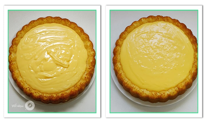 پودینگ کارامل را در قسمت خالی تارت بریزید و در فر قرار دهید