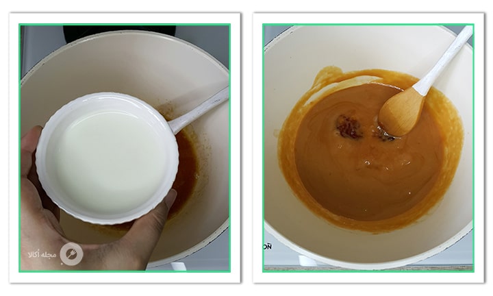 شیر و نشاسته را به مخلوط کاراملی اضافه کنید