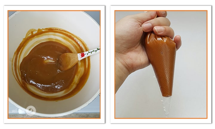 سس کاراملی را در قیف بریزید برای تزیین تارت کیک کارامل