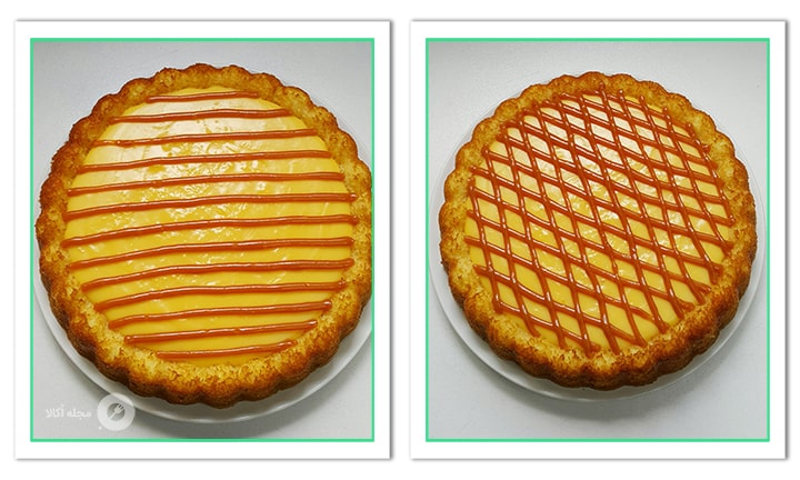 تزیین تارت کیک کاراملی با سس کارامل به صورت افقی و عمودی
