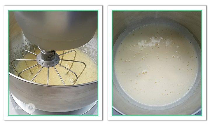 مایه کیک را بزنید تا کشدار و حجیم شود برای کیک موس شکلاتی کاراملی