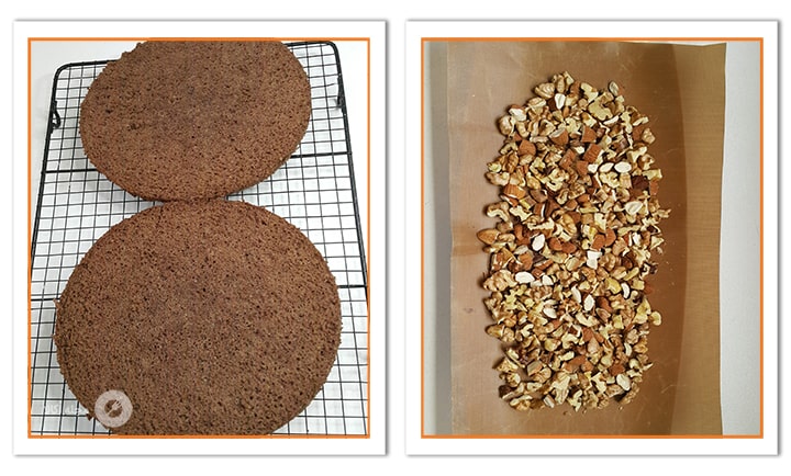 کیک را از وسط تقسیم کنید و آجیل ها را خرد کنید برای موس کیک شکلاتی کاراملی