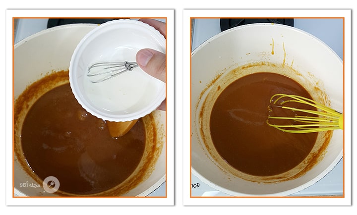 شیر و نشاسته ذرت مخلوط را بلافاصله به کارامل اضافه کنید