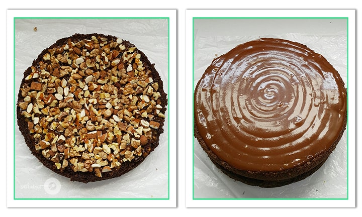 آجیل های کاراملی شده را روی کیک بریزید و تزیین کنید برای موس کیک شکلاتی کاراملی