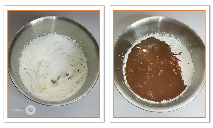 مقداری از خامه فرم گرفته شده را به مخلوط شیر و شکلات اضافه کنید برای موس شکلاتی