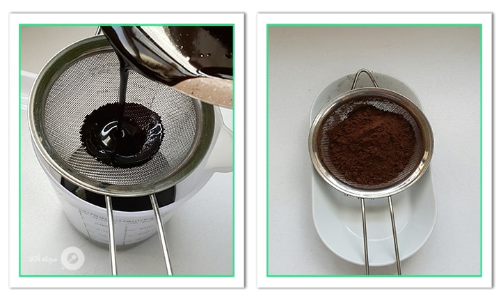 سس شکلاتی برای موس کیک شکلاتی کاراملی سه بار الک کنید و پودر کاکائو را نیز الک کنید