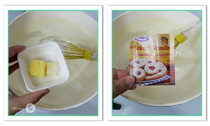 کره و وانیل را به کرم وانیلی باقلوا کرمدار اضافه کنید