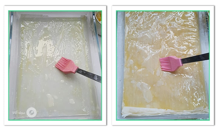 روی ورق باقلوا را کمی چرب کنید روی ورق باقلوا را کمی چرب کنید