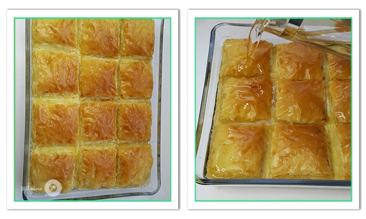 شربت را روی باقلوا بریزید برای باقلوا کرمدار