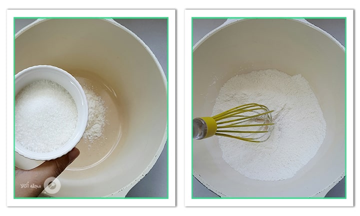 شکر را به آرد برای باقلوا کرمدار اضافه کنید