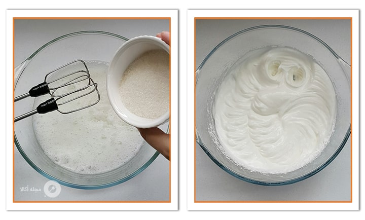 شکر را به سفیده تخم مرغ اضافه کنید برای شیرینی تر برشی توت فرنگی