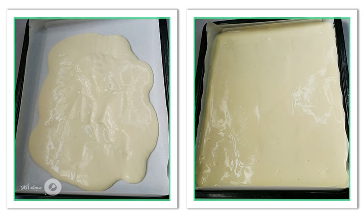 مایه شیرینی را روی سینی کیک پخش کنید