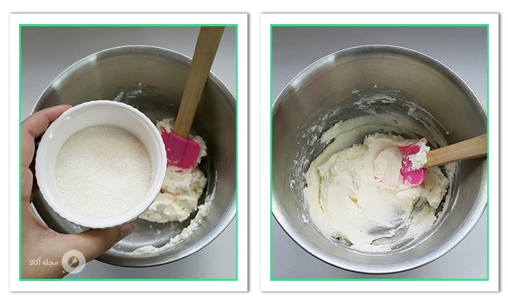 شکر را به پنیر ماسکارپونه اضافه کنید برای لایه پنیری شیرینی تر