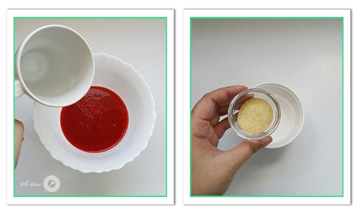 پودر ژلاتین و سس توت فرنگی را وزن و جدا کنید.