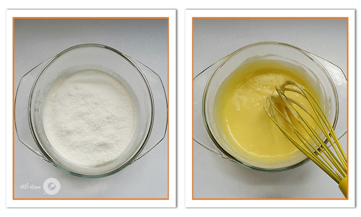 با همزن دستی مواد را مخلوط کنید برای شیرینی تر برشی توت فرنگی