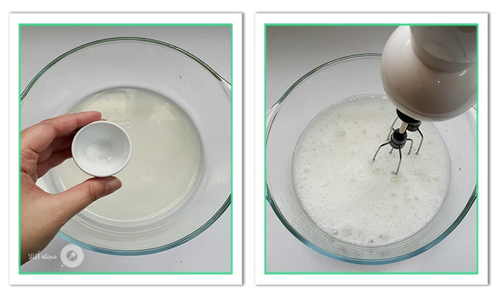 نمک را یه سفیده تخم مرغ برای شیرینی تر برشی توت فرنگی اضافه کنید