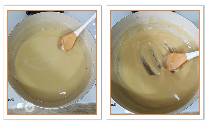 آرد را هم بزنید تا نخودی رنگ شود برای حلوای آرد نخودچی