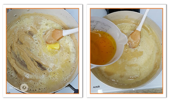 کره را در مواد حلوا حل کنید و شربت را به حلوای آرد نخودچی اضافه کنید