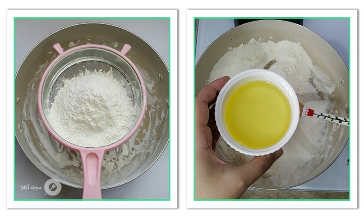 روغن مایع را اضافه و آرد را در دو مرحله به مواد حلوا آرد نخودچی اضافه کنید