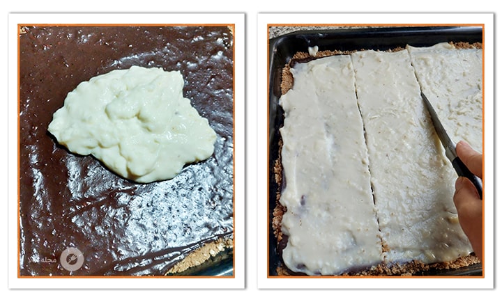 برش ایجاد کردن روی دسر سارماسی بعد از ریختن لایه سفید