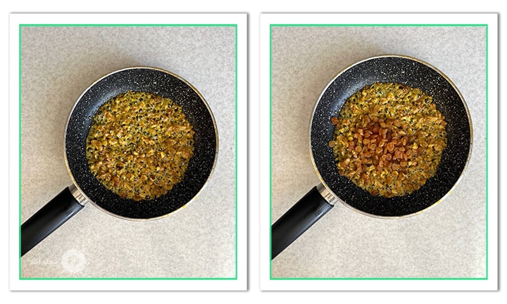 کشمش هارو به مواد قنبرپلو شیرازی اضافه کنید