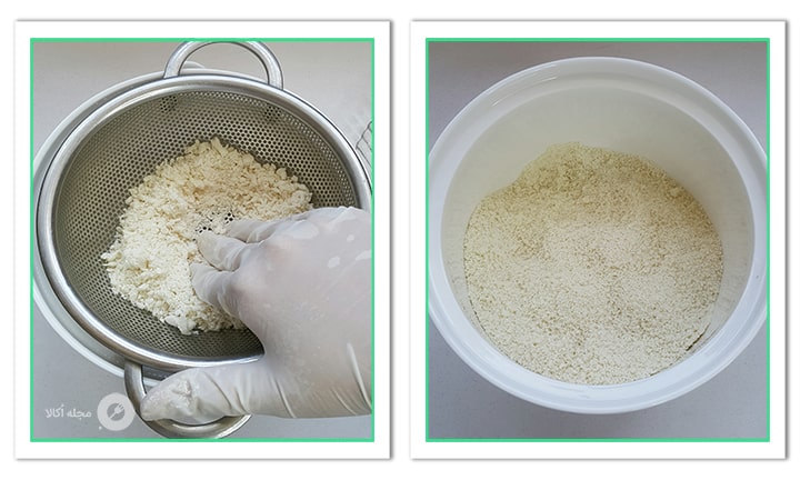 همه ترکیب آرد و شیر را در صافی بریزید تا مواد تموم شود برای حلوای اوماج