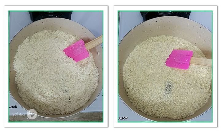 آرد و شیر خشک شده را روی ماهی تابه قرار داده و هم بزنید تا تغییر رنگ بدهد برای حلوای اوماج