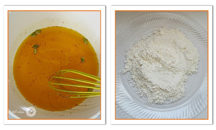 آرد را در ظرف بزرگی بریزید و پخش کنید برای حلوای اوماج