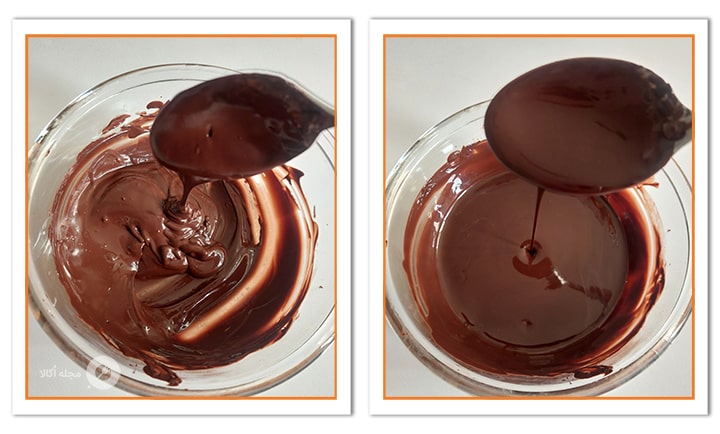 روغن مایع را به شکلات آب شده اضافه کنید برای رومال کردن کرپ رول خامه ای