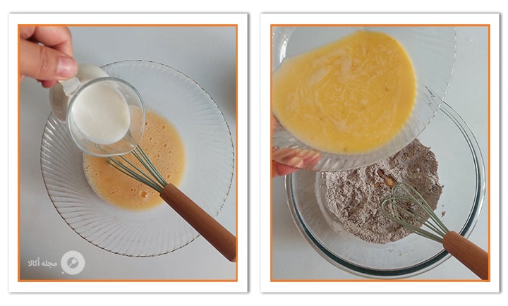 شیر و تخم مرغ های زده شده را به آرد اضافه کنید تا خمیر کرپ رول خامه ای درست شود